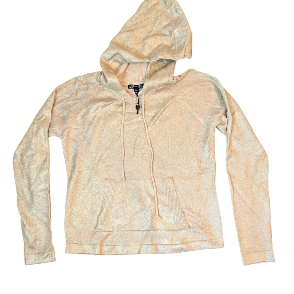 Charlie B Womens Metallic Gold Knit Hoodie Shimmer Lightweight Pullover Petite S